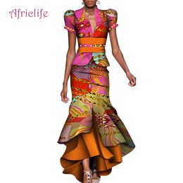 2019 vestido feminino dois pedaços definir mulheres puff manga colheita tops longo maxi saia conjuntos de sereia africana maxi roupas 6xl wy4211