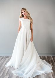 2019 New A-line Lace Organza Boho Modest Wedding Dresses With Cap Sleeves Jewel Lace-Up Back Country Western Modest Bridal Gown With Sash