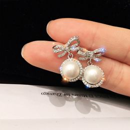 S1439 Fashion Jewelry S925 Sliver Post Earrings Rhinstone Bowknot Faux Pearl Dangle Stud Earrings