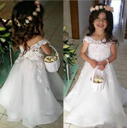 White Cute Flower Girl Dresses Princess A Line Lace Appliqued Off Shoulder Pageant Gowns Kids Formal Wear For Wedding