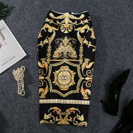 2019 New-coming European Women Autumn Print Pencil High Stretch Abstract Pattern Midi Slip Hip Skirt Female LY191203