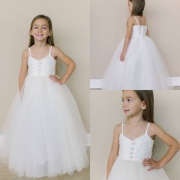 Cheap Spaghetti Tulle Flower Girls Dresses Simply Style Floor Length Girls Pageant Gowns Tiered Shiny Sequins Kids Formal Wear For Wedding