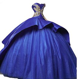 Vintage Quinceanera Dresses Gold Embroidery Beaded Crystal Strapless Lace up Ruffle Ball Gown Prom Satin Tulle Vestidos De Festia Party