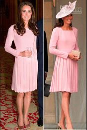 Beautiful Modern High Neck Knee Length Pink Satin kate middleton dress Formal Evening Party Dresses With Pleated long sleeves prom gowns
