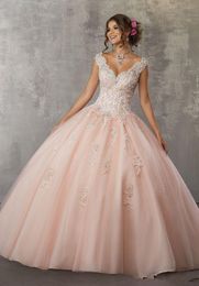 2020 Pink V Neck Quinceaneara Dresses Ball Gown vestidos de quinceanera Keyhole Back sweet 16 dresses Floor Length Prom Gowns