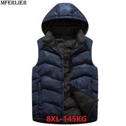 MFERLIER Men Vest hooded large size big 7XL 8XL 9XL thick warm navy blue Cotton-Padded autumn Winter Vest Camouflage Waistcoat