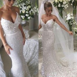 Sparkle Sequined Mermaid Wedding Dresses With Sequins Sash Paillette Lace Sweetheart Bridal Dress shiny vestido de noiva