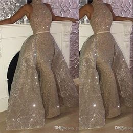 Sparkly Champagne Sequined Arabic Dresses Lace High Neck Mermaid Sequins Sleeveless Overskirts Formal Party Prom Dress Evening Gowns