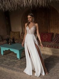 2020 Boho Wedding Dress Sexy Side Slit Beach Wedding Dress V-Neck Bride Dress Spaghetti Straps Weeding Gowns Vestido De Noiva276h