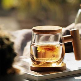 Glass Transparent Tea Cup With Filter Creative Infusion Of Mugs Wooden Lid Cover Beech Handle For Water Milk