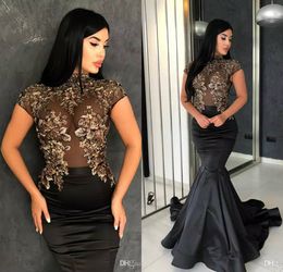 Black High Neck Prom Dresses Lace Illusion Bodice Appliqued Pearls Short Sleeves Mermaid Evening Dress Satin Skirt Sweep Train Lady Gowns