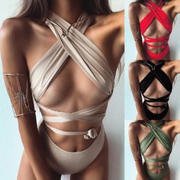 Foreign trade factory Europe and America new plain large bandage ladies swimwear cross bikini double-sided swimsuit 76346