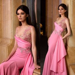 Gorgeous Pink Mermaid Evening Dresses with Ruffles Lace Beaded Sleeveless robes de soirée Prom Gowns Red Carpet Celebrity Dress