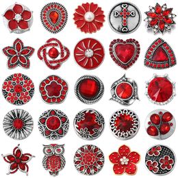 6pcs/lot Snap Button Jewelry Red Series Theme Rhinestone Flower Pattern Snap Buttons Fit 18mm Bracelets Bangles DIY Jewelry