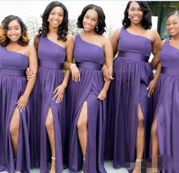 Purple Bridesmaid Dresses One Shoulder Chiffon Ribbon Floor Length 2020 Newest A Line Maid of Honour Gown Slit Plus Size for Beach Wedding
