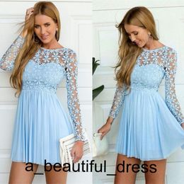 Light Blue Long Sleeve Crochet Tulle Skater Graduation Dress cute lace a-line long sleeve prom dresses short occasion gown GD7815