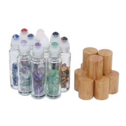 10ml Natural Semiprecious Stones Roll on Bottles Gemstone Essential Oil Roller Bottles Bamboo Lid Cover 10pcs/lot P224