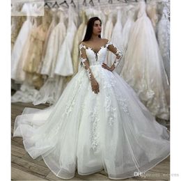 Charming Elegant Sheer Neck Wedding Dresses White Long Sleeve Sequined Tulle Lace Appliques Beaded Princess Bridal Dress Vestidos De Mariee