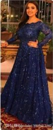 New Arabic Abaya Long Sleeve Lace Muslim Evening Dresses Capped Floor Length Prom Dress Royal Blue Custom Formal Evening Gowns 287