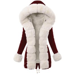 Women's Down & Parkas Womens Winter Warm Plush Imitation Fur Coat Plus Size Splicing Long Jacket Hooded Overcoat Thick Lace Up Slim Parka