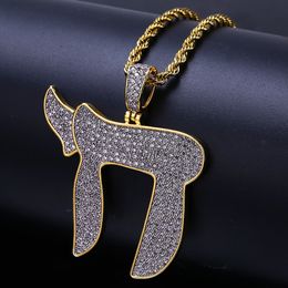 New Fashion 18K White Gold Plated Mens Hip Hop Religious Jewish Chai Necklace Chain 23.6" Iced Out Diamond CZ Zirconia Pendant Jewellery Gifts