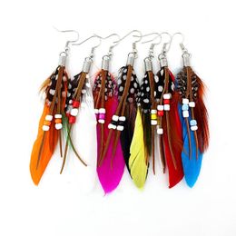 bohemian silver Colour feather earrings beads for women party catwalk hanging earrings boucles Colourful feathers