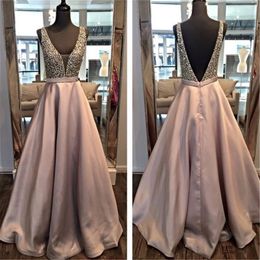 2019 new Deep V-neck A-line Matte Satin Sequin Crystals Evening Dresses Nude Pink Long Prom Dress Open Backless floor length stain