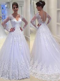 2019 Illusion Long Sleeve Wedding Dresses Bridal Gowns Lace 3D Applique Crystal Sequins V-neck Hollow Back Beach Wedding Dress Party Dress