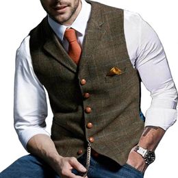 Men's Wool Plaid Groom Vests Groomsmen Attire Tweed Business Suit Jacket Formal Groom's Wear Suit Vest Men's Wedding Tuxedo Waistcoat