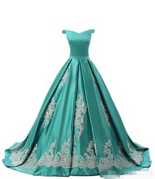 Green A 2019 Line Satin Prom Dresses Off The Shoulder Chic Lace Appliqued Long Formal Ocn Wear Custom Made Evening Gown ppliqued