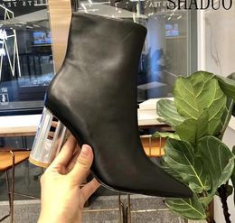 2019 new women high top Black leather ankle boots crystal heel fashion boots casual women's boots party shoes