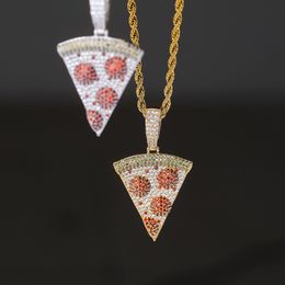 Hip Hop Iced Out Solid Back Pizza Pendant Necklace CZ Gold Silver Plated Mens Bling Jewelry Gift