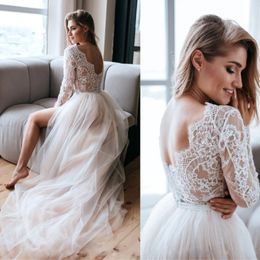 2019 Nouvelles Robes De Mariée En Deux Pièces Avec Le Train Détachable Manches Longues En Dentelle Body V Cou Dos Nu Applqiue Plage Robes De Mariée