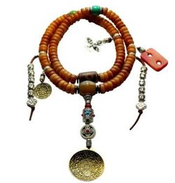 Tibetan aged yak bone 108 hand strings yak horn Buddha beads turquoise bracelet necklac