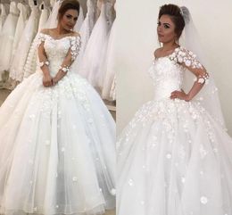 3D Floral Lace Appliques Bridal Gown Sheer Neck Off The Shoulder Half Sleeves Ball Gown Wedding Dresses Plus Size Vestidos De Novia AL2694