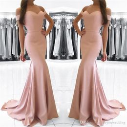 New Mermaid Pink Off The Shoulder Evening Dresses Pleats Sweep Train Formal Simple Elegant Sweetheart Long Prom Gowns Cheap Evening Dress