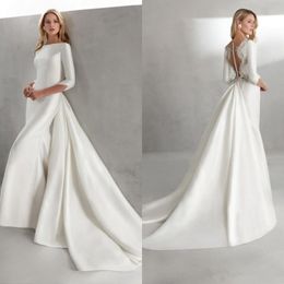 Elegant Mermaid Wedding Dresses With Train Bateau Neck Long Sleeves Satin Bridal Gowns Covered Button Back Princess Wedding Gowns Cheap 3820