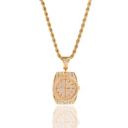 America Popuar Men's Hip Hop Dial Pendant Necklaces Gold Silver Cuban Chain Cubic Zircon Watch Jewellery