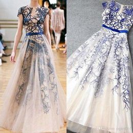 Elie Saab New Royal Blue Branch Evening Dresses Sexy Sheer Crew Neck Short Sleeves A-Line Floor-Length Tulle Prom Gowns Celebrity Dress