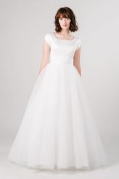 New Arrival Simple Soft Satin Tulle Modest Bridal Wedding Dress With Cap Sleeves Short Sleeves Women Informal Modest LDS Bridal Gowns