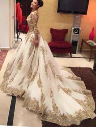 Wedding Dress V-neck Long Sleeve Arabic Bridal Gown Gold Appliques embellished with Bling Sequins 2017 Sweep Train Amazing Formal Gowns