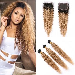 #1B 27 Ombre Human Hair Bundles with Closure Kinky Curly Ombre Honey Blonde Lace Closure with Weaves Dark Root Ombre Hair Extensions