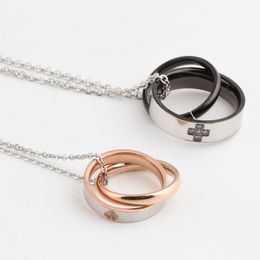 Fashion-New Couple Necklace Jewellery Double Buckle Diamond Ring Necklace Rose Gold Titanium Steel Pendant Necklace Holiday Gift