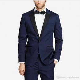 Setwell New Navy Blue Men Suits for Wedding Prom Party Business Suits Peaked Lapel Slim Fit Male Tuxedos Groom Costume (jacket+pant)