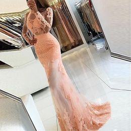 Eletant Bodice O-neck Open Back Lace Beadings Tulle Pink Mermaid Long Sleeve Prom Dresses Long Evening Gowns robe de soiree