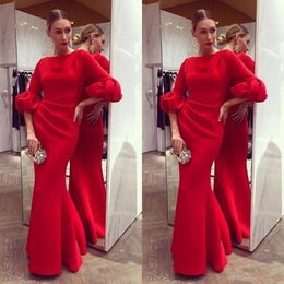 Cheap Elegant Red Mermaid Prom Dresses Jewel 3/4 Sleeves Satin Evening Gowns Floor Length Red Carpet Formal Dress Evening Gowns Vestidos