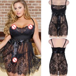 Plus Size Women Sexy Lingerie Porno Lace Sleepwear Dress Transparent Hollow-out Chemise Babydoll Costume Erotic Underwear Sexy Set Shop