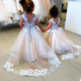 -Filles Filles Premières robes de communion pour mariages Scoop sans dos avec appliques robe de bal Princesse enfants Guiche de mariée