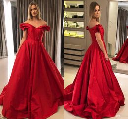 Elegant Red A Line Prom Dresses Off Shoulder Cap Sleeves Pleats Floor Length Formal Dress Evening Gowns robe de soiree vestidos de fiesta