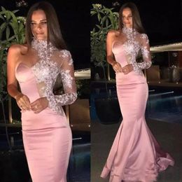 Formal Mermaid Rose Gold Evening Dresses Sexy Lace High Neck Sheer One Shoulder Long Sleeve Prom Gown Custom Red Carpet Celebrity Dress